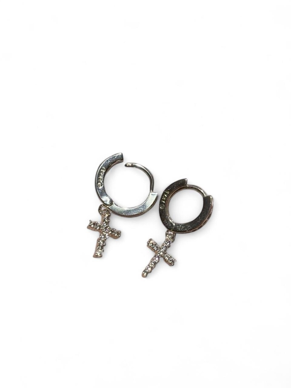 Crystal Cross Silver Huggie Hoop Earrings